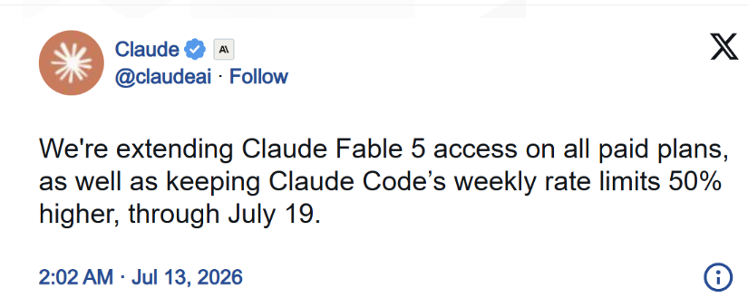 Anthropic延长Claude Fable5旗舰模型访问权限至7月19日