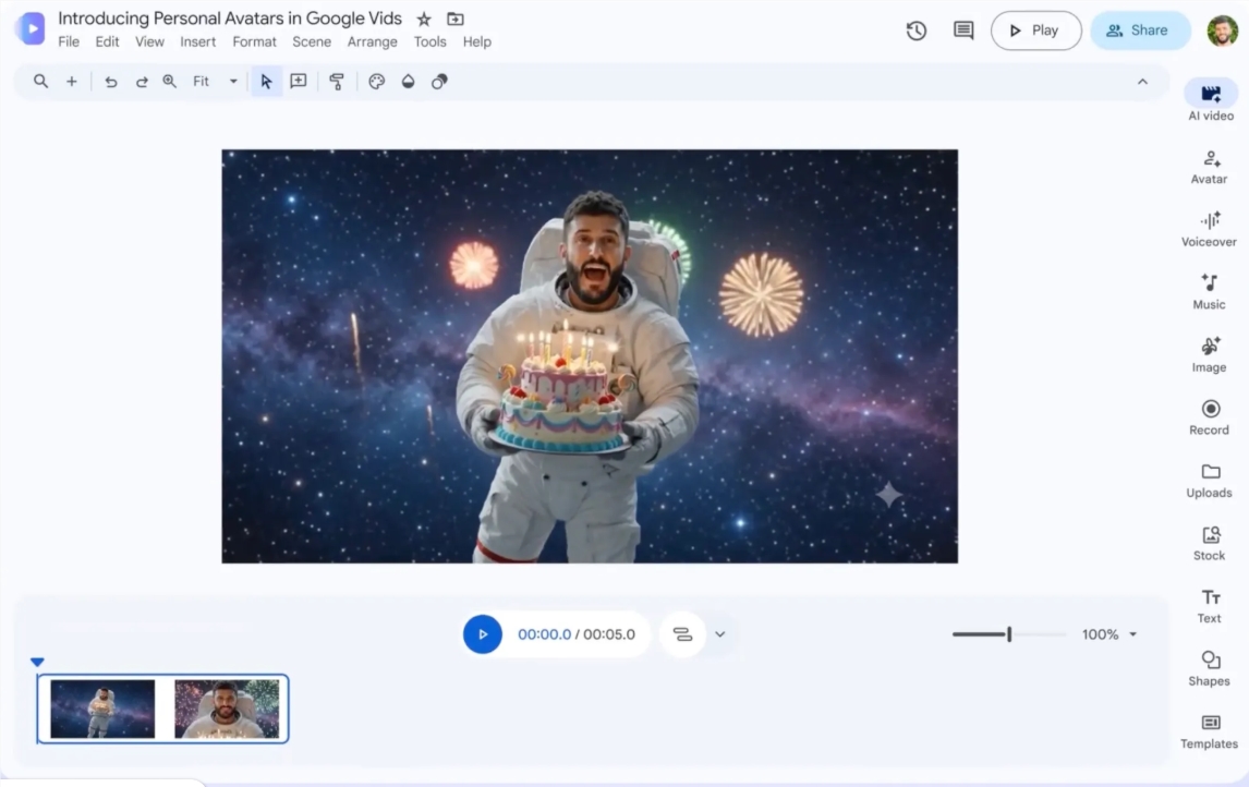 谷歌Vids重磅更新：上传自拍语音，AI生成你的数字分身做视频