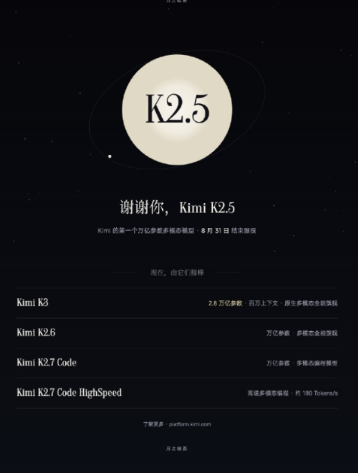 Kimi K2.5月底退役，K3接棒，2.8万亿参数更强大