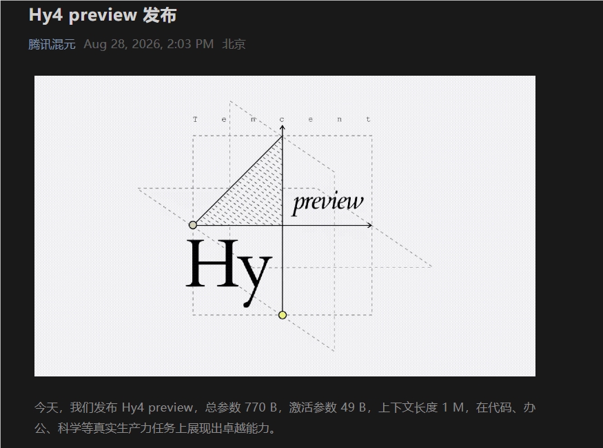 腾讯发布770B参数新模型Hy4preview,编程办公更强
