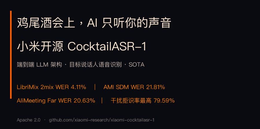 小米开源CocktailASR-1，一键过滤噪音听清目标人声